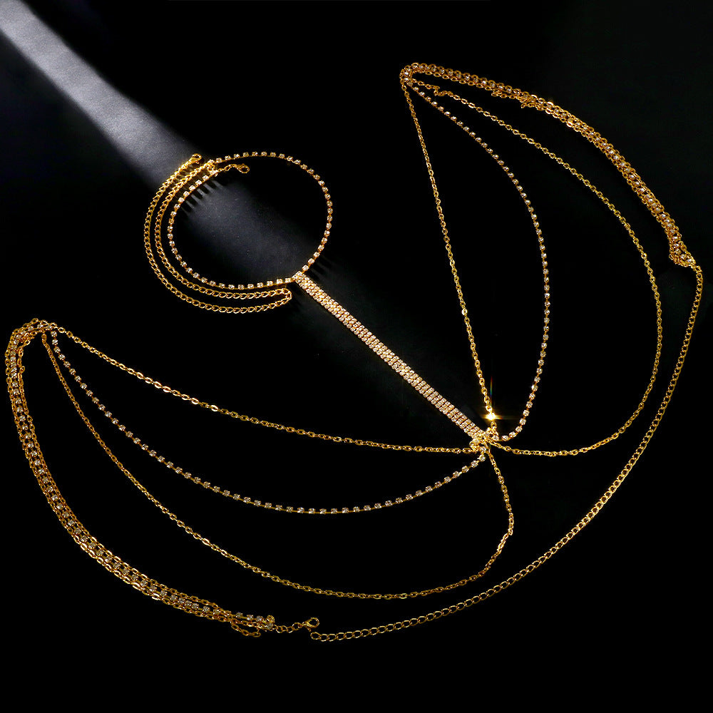 Unisex Silver Alloy Body Chain With Geometric Pattern And White Crystal Inlay, Simple Style Featuring Electroplated Finish