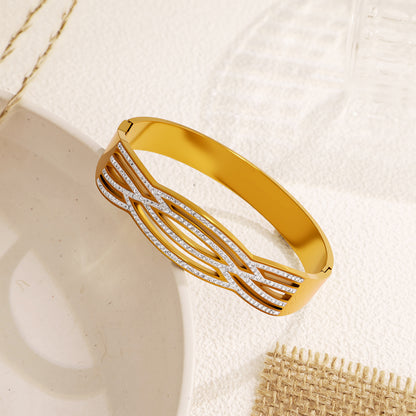 Waves Simple Style Bangle For Women In Titanium Steel With Electroplated Gold Plating And Zircon Inlay
