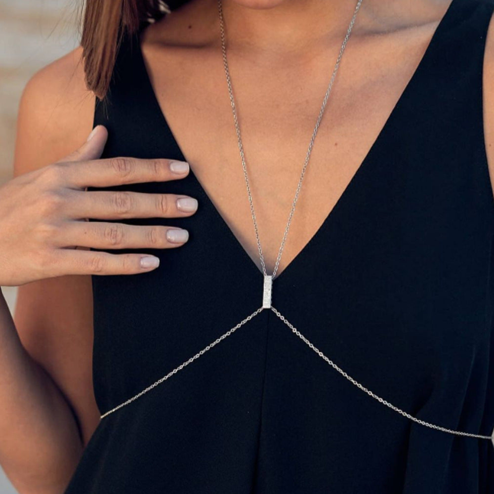 Silver Alloy Body Chain For Women Featuring Geometric Pattern With White Crystal Inlay And Electroplated Finish