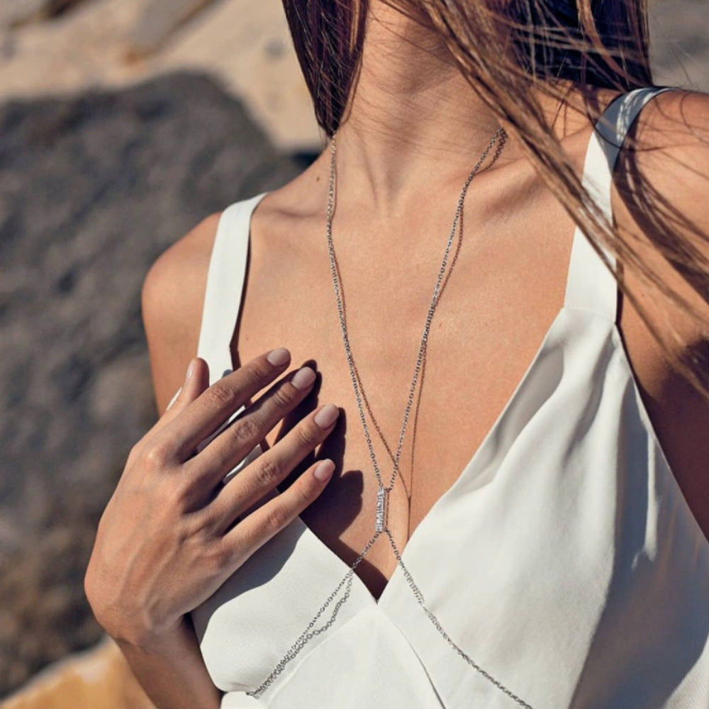 Silver Alloy Body Chain For Women Featuring Geometric Pattern With White Crystal Inlay And Electroplated Finish