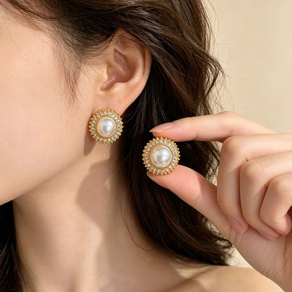 Round Stud Earrings For Unisex Featuring Electroplated Alloy With 925 Sterling Silver Posts And Artificial Pearl Inlay