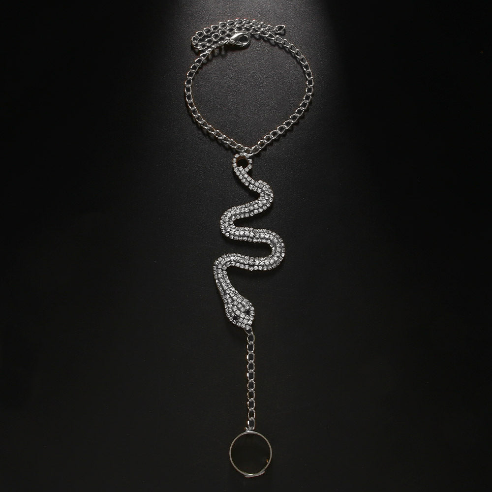 Gothic Silver Snake Chain Hand Bracelet For Women Featuring Alloy Material And Rhinestone Inlay