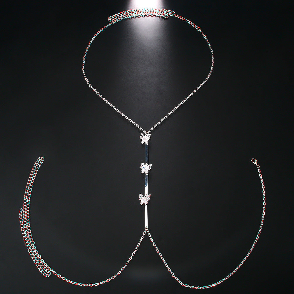 Women's Silver Alloy Body Chain With White Crystal Inlay Featuring Butterfly Pattern And Electroplated Finish