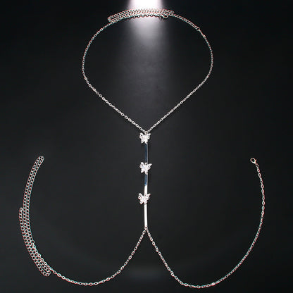Women's Silver Alloy Body Chain With White Crystal Inlay Featuring Butterfly Pattern And Electroplated Finish
