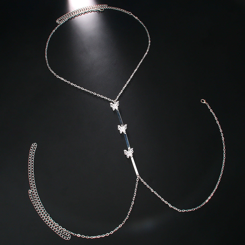 Women's Silver Alloy Body Chain With White Crystal Inlay Featuring Butterfly Pattern And Electroplated Finish