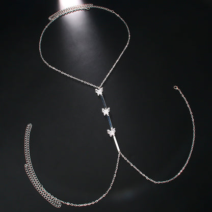 Women's Silver Alloy Body Chain With White Crystal Inlay Featuring Butterfly Pattern And Electroplated Finish