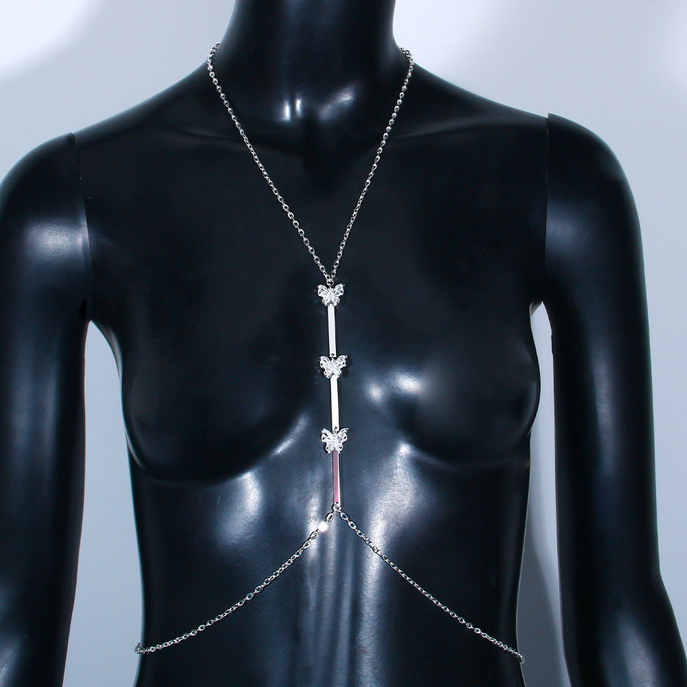 Women's Silver Alloy Body Chain With White Crystal Inlay Featuring Butterfly Pattern And Electroplated Finish