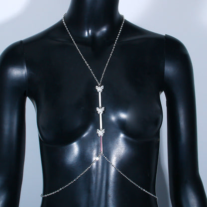 Women's Silver Alloy Body Chain With White Crystal Inlay Featuring Butterfly Pattern And Electroplated Finish