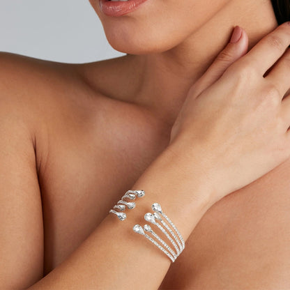 Silver Alloy Bangle With Water Droplets Pattern And Rhinestones, Featuring Electroplated Finish