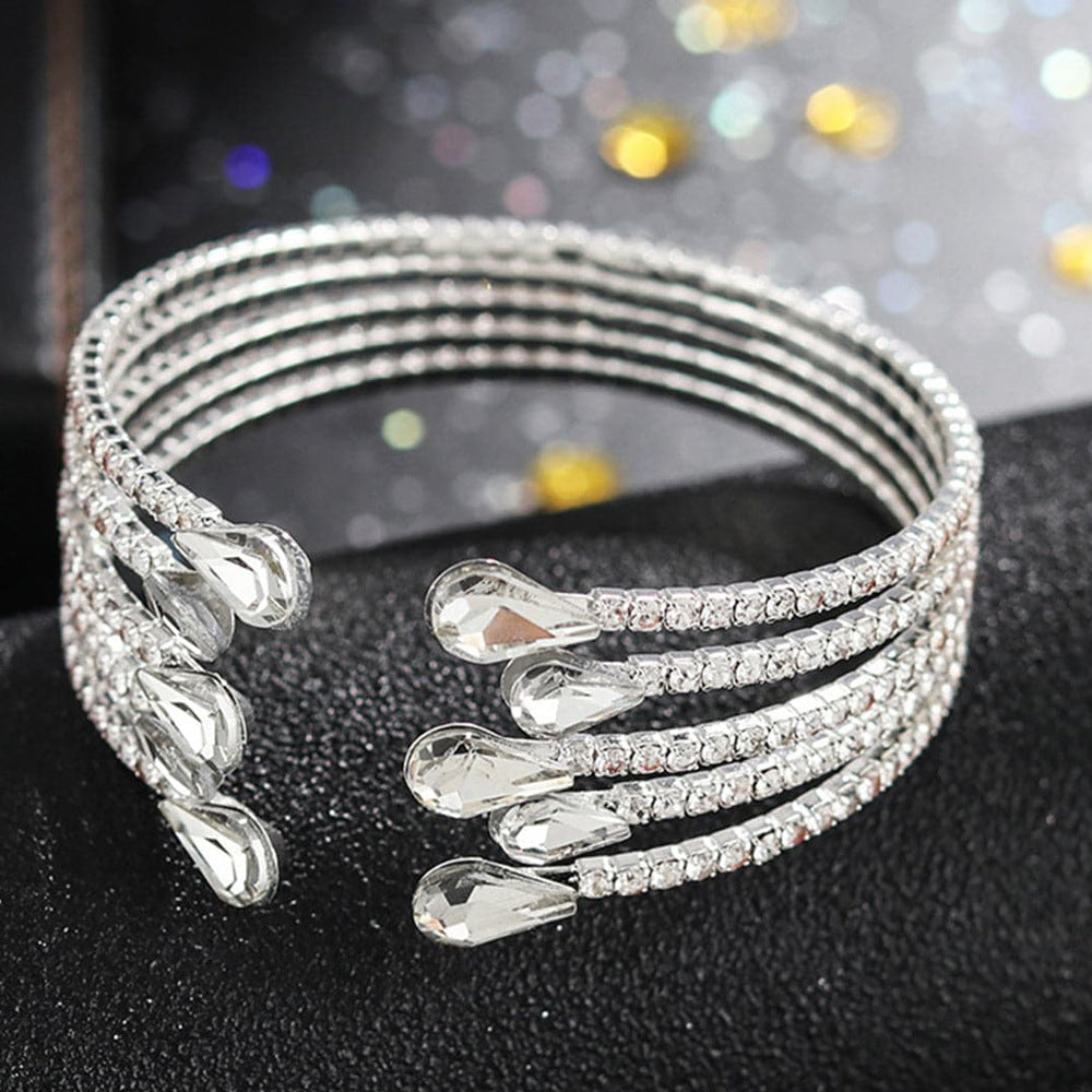 Silver Alloy Bangle With Water Droplets Pattern And Rhinestones, Featuring Electroplated Finish