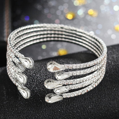 Silver Alloy Bangle With Water Droplets Pattern And Rhinestones, Featuring Electroplated Finish