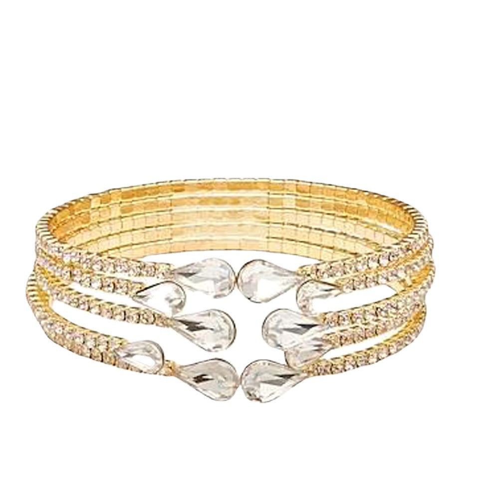 Silver Alloy Bangle With Water Droplets Pattern And Rhinestones, Featuring Electroplated Finish