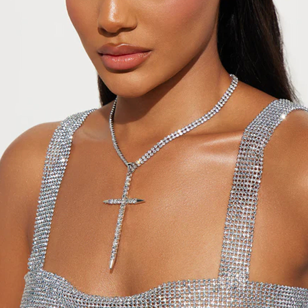 Exaggerated Silver Cross Necklace For Women With Alloy Pendant Featuring Crystal Inlay
