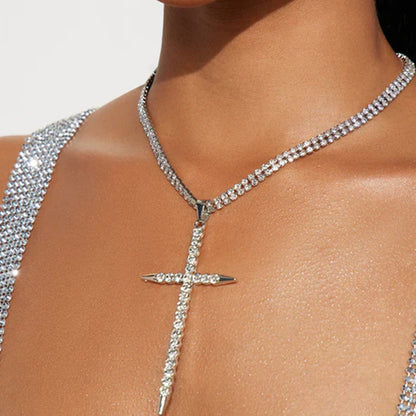 Exaggerated Silver Cross Necklace For Women With Alloy Pendant Featuring Crystal Inlay
