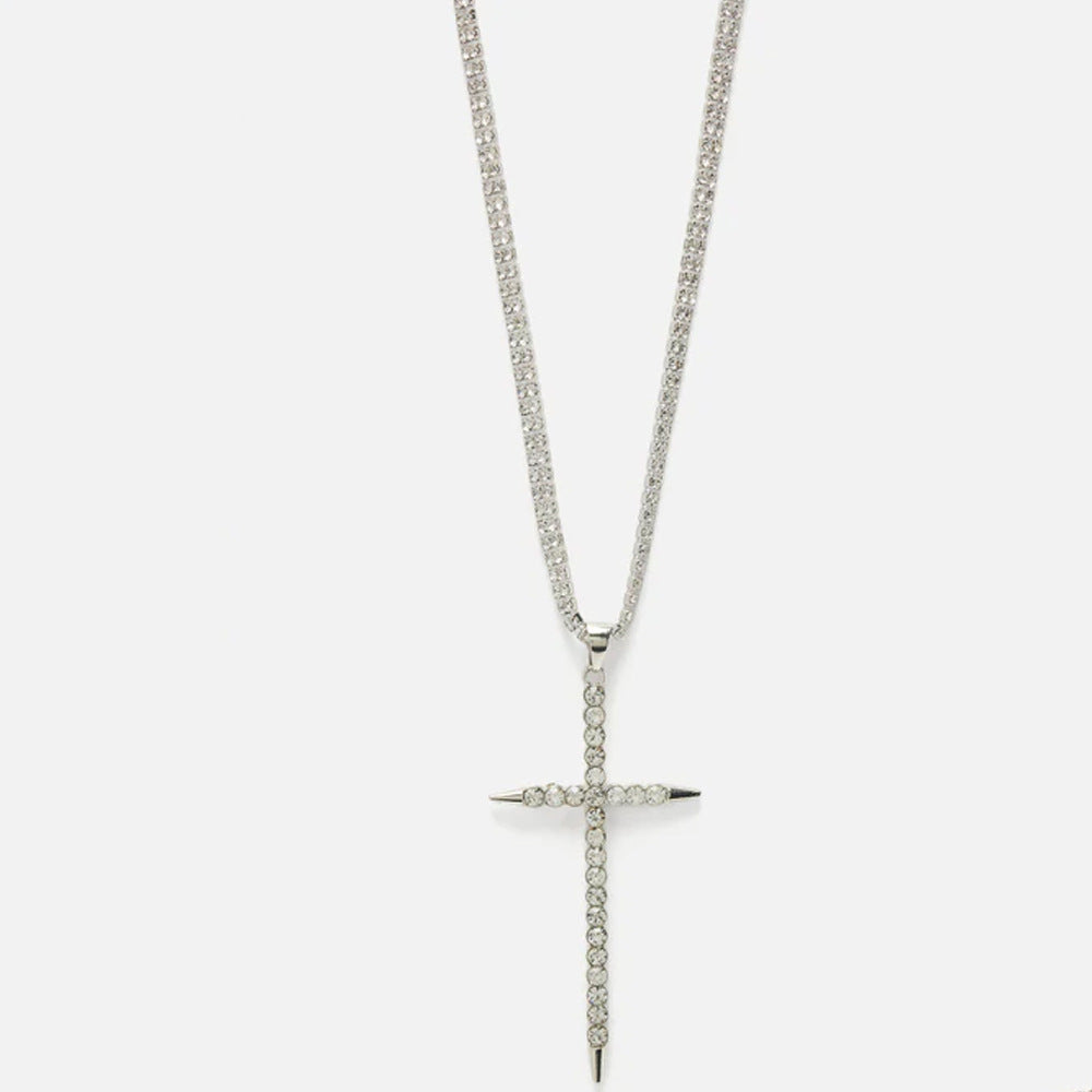 Exaggerated Silver Cross Necklace For Women With Alloy Pendant Featuring Crystal Inlay