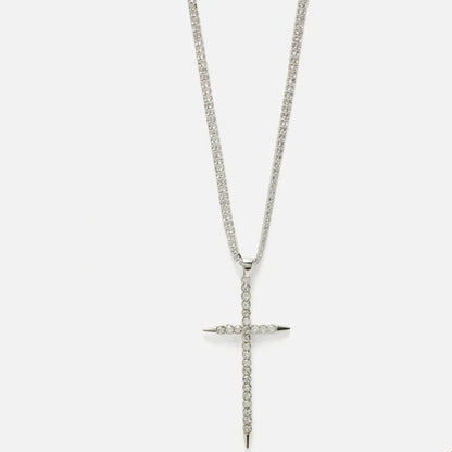Exaggerated Silver Cross Necklace For Women With Alloy Pendant Featuring Crystal Inlay