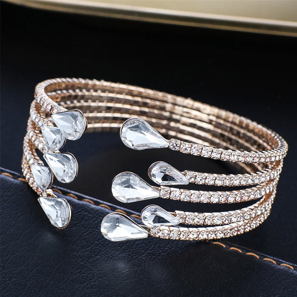 Silver Alloy Bangle With Water Droplets Pattern And Rhinestones, Featuring Electroplated Finish