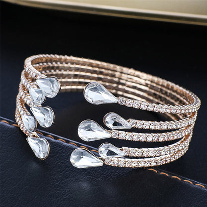 Silver Alloy Bangle With Water Droplets Pattern And Rhinestones, Featuring Electroplated Finish