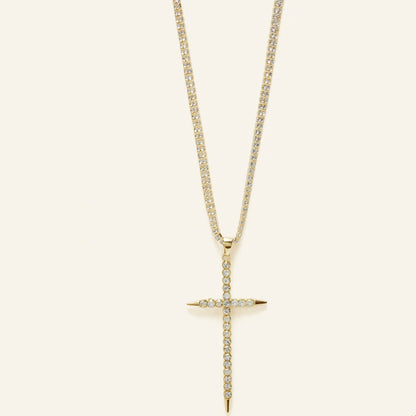 Exaggerated Silver Cross Necklace For Women With Alloy Pendant Featuring Crystal Inlay
