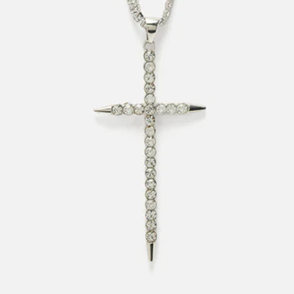 Exaggerated Silver Cross Necklace For Women With Alloy Pendant Featuring Crystal Inlay