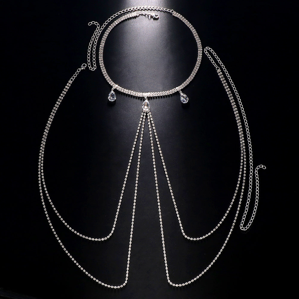 Silver Alloy Women’s Simple Style Body Chain With White Crystal Inlay Featuring Water Droplets Pattern And Electroplated Finish