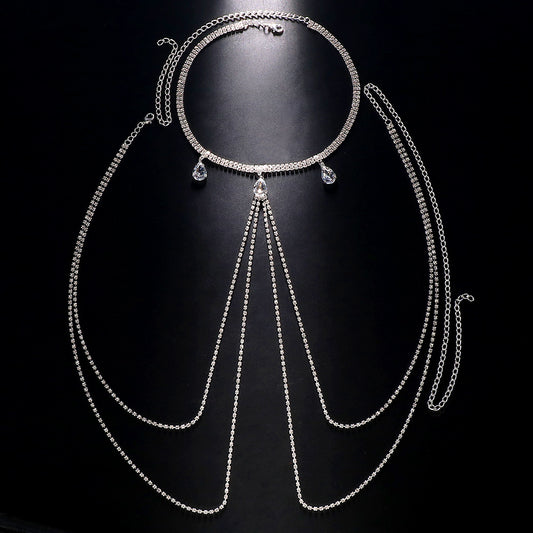Silver Alloy Women’s Simple Style Body Chain With White Crystal Inlay Featuring Water Droplets Pattern And Electroplated Finish