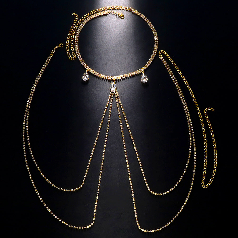 Silver Alloy Women’s Simple Style Body Chain With White Crystal Inlay Featuring Water Droplets Pattern And Electroplated Finish