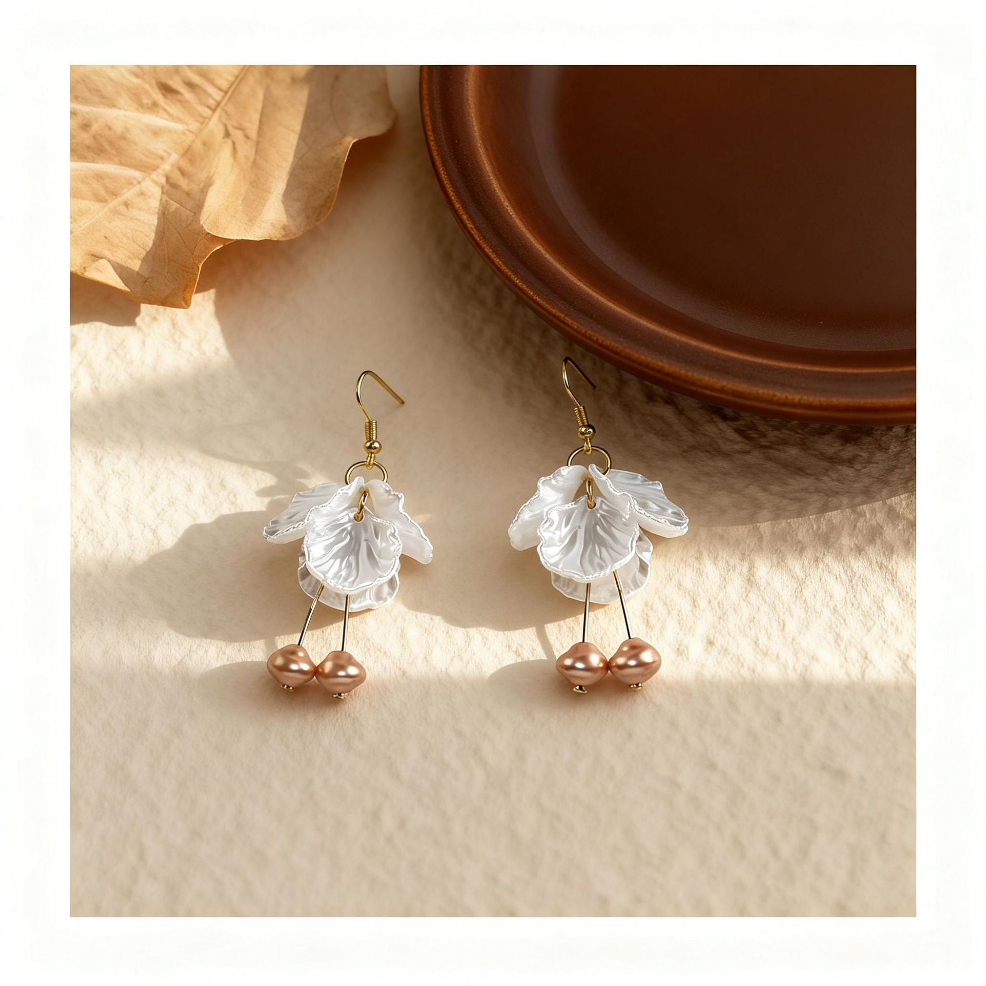 Sweet Petal Clip Earrings In Alloy With Shell Inlay, Electroplated Finish And Copper Ear Pins
