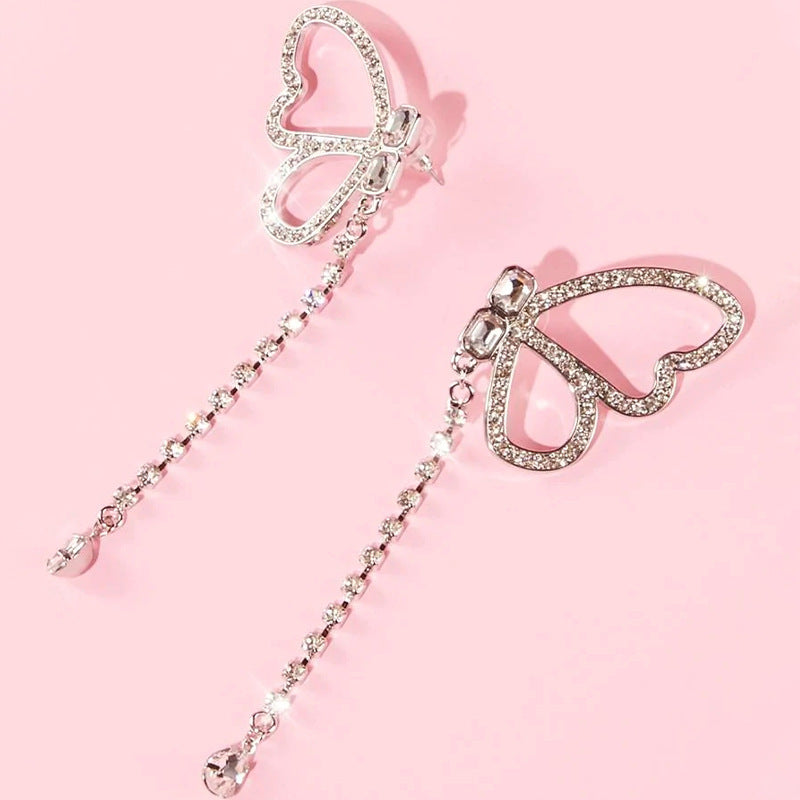 Butterfly Tassel Earrings For Women In Gold Alloy With Rhinestone Inlay, Stylish Stud Earrings