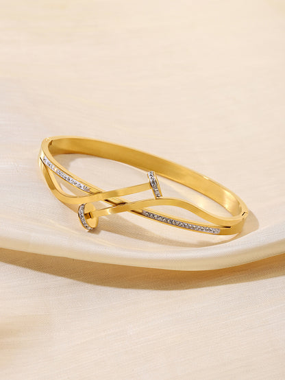 Simple Style Circle Inlay Bangle In Gold Titanium Steel With Rhinestones
