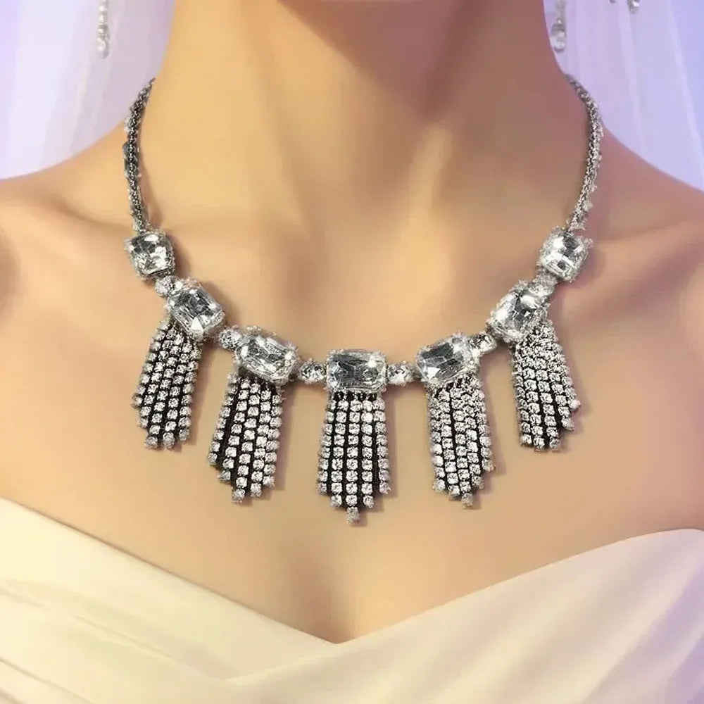 Exaggerated Geometric Tassel Necklace For Women In Silver Alloy With Rhinestone Inlay