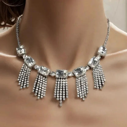 Exaggerated Geometric Tassel Necklace For Women In Silver Alloy With Rhinestone Inlay