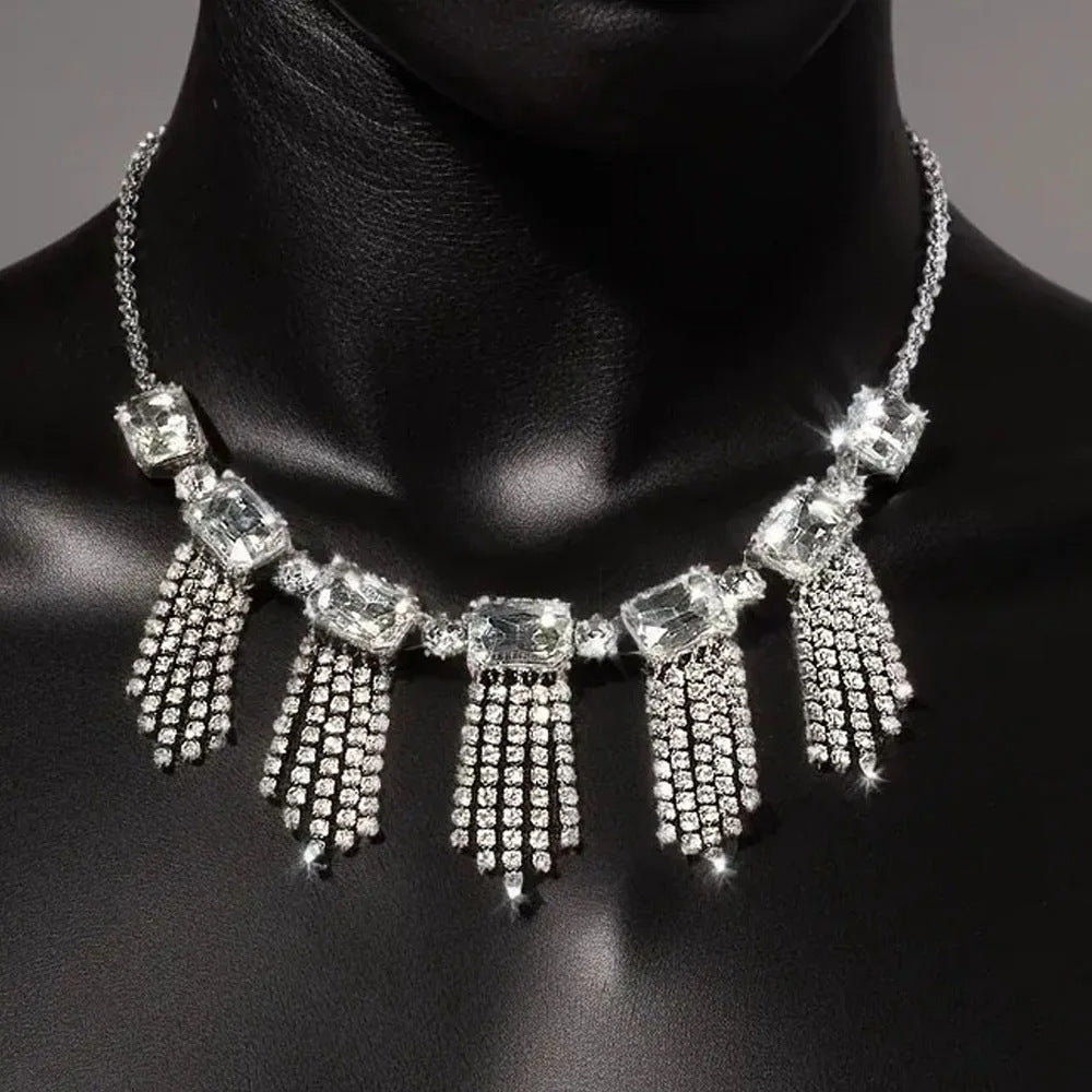 Exaggerated Geometric Tassel Necklace For Women In Silver Alloy With Rhinestone Inlay