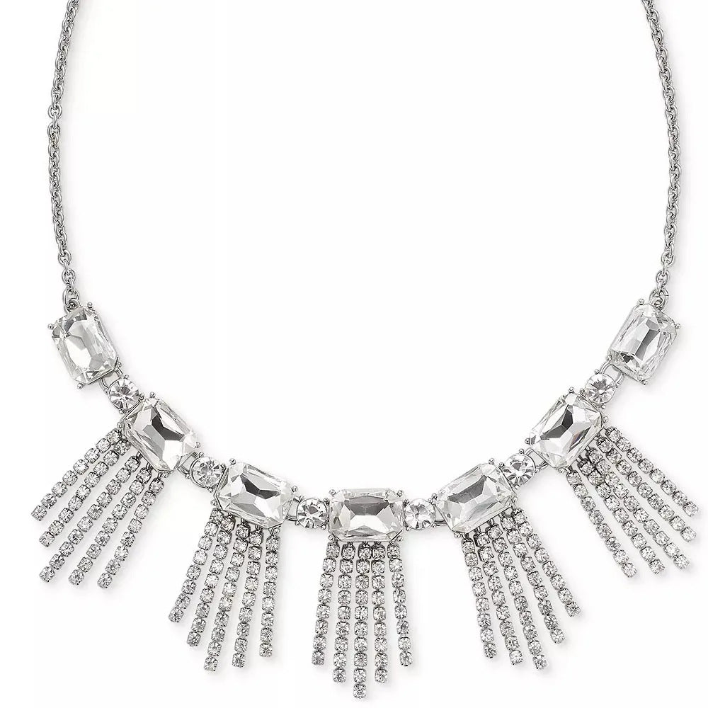 Exaggerated Geometric Tassel Necklace For Women In Silver Alloy With Rhinestone Inlay
