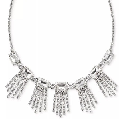 Exaggerated Geometric Tassel Necklace For Women In Silver Alloy With Rhinestone Inlay