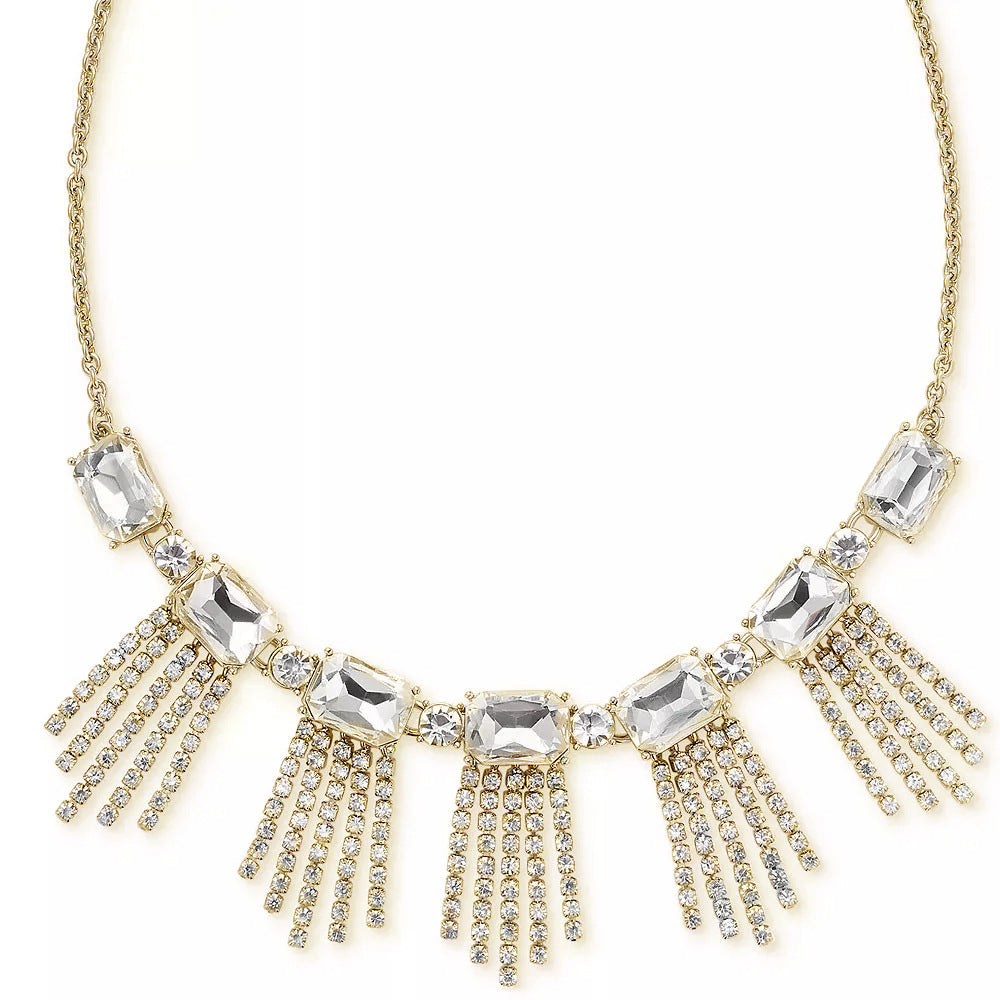 Exaggerated Geometric Tassel Necklace For Women In Silver Alloy With Rhinestone Inlay