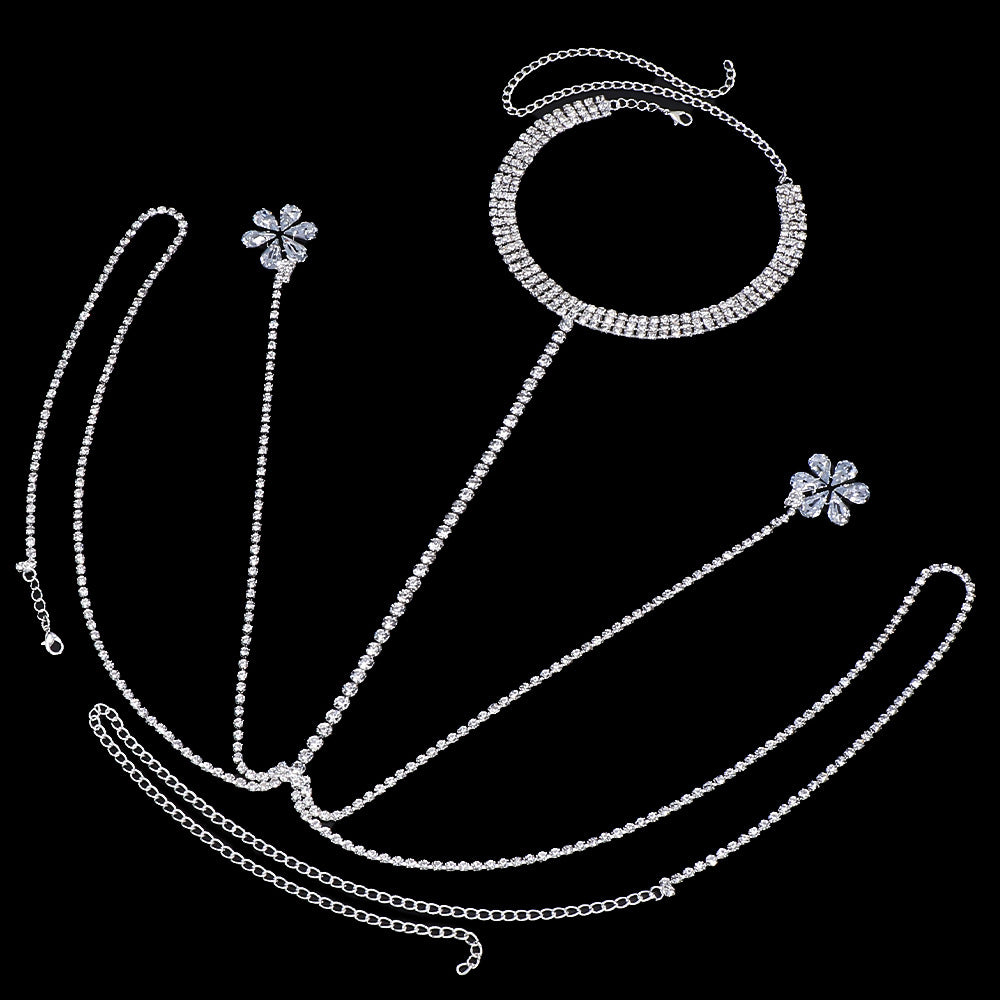 Gold Rhinestone Body Chain For Women Featuring Floral Pattern, Perfect Wedding Chest Accessory