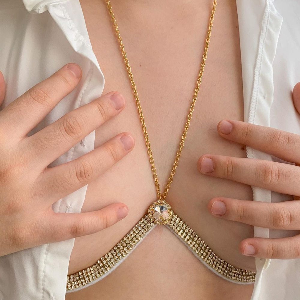 Silver Alloy Body Chain For Women With Crystal Pattern And Electroplated Finish, Featuring Rhinestones