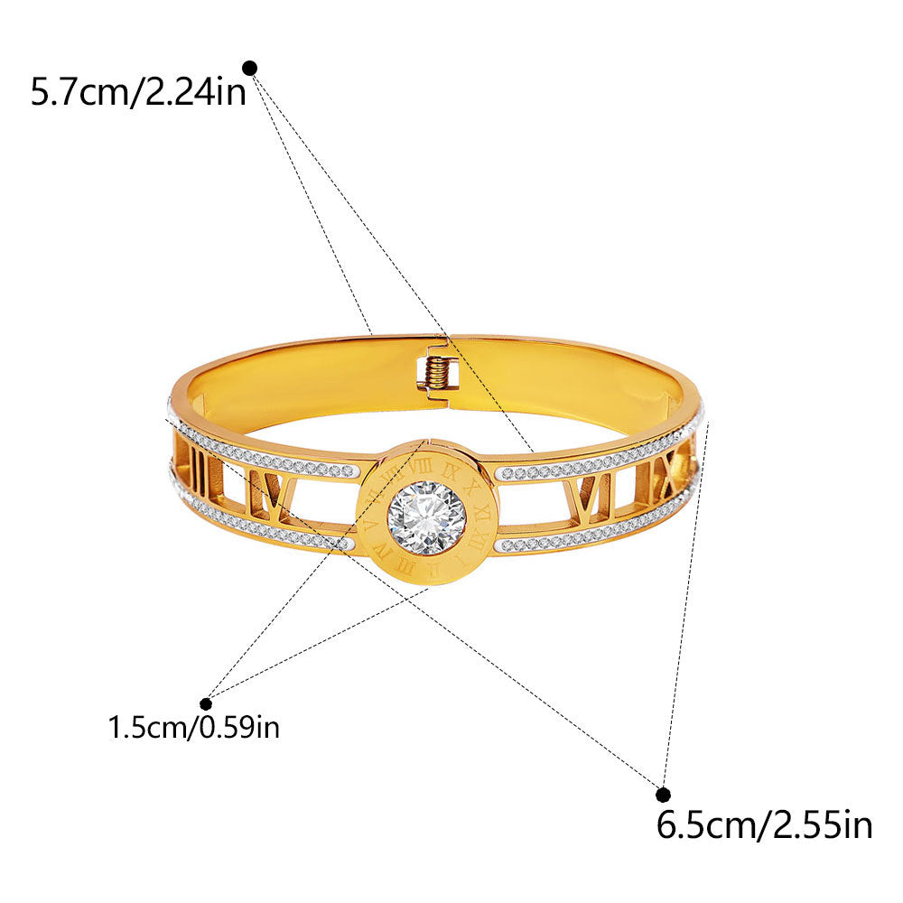 Roman Style Titanium Steel Bangle With Roman Numeral Inlay, Electroplated With 18K Real Gold And Rhinestones