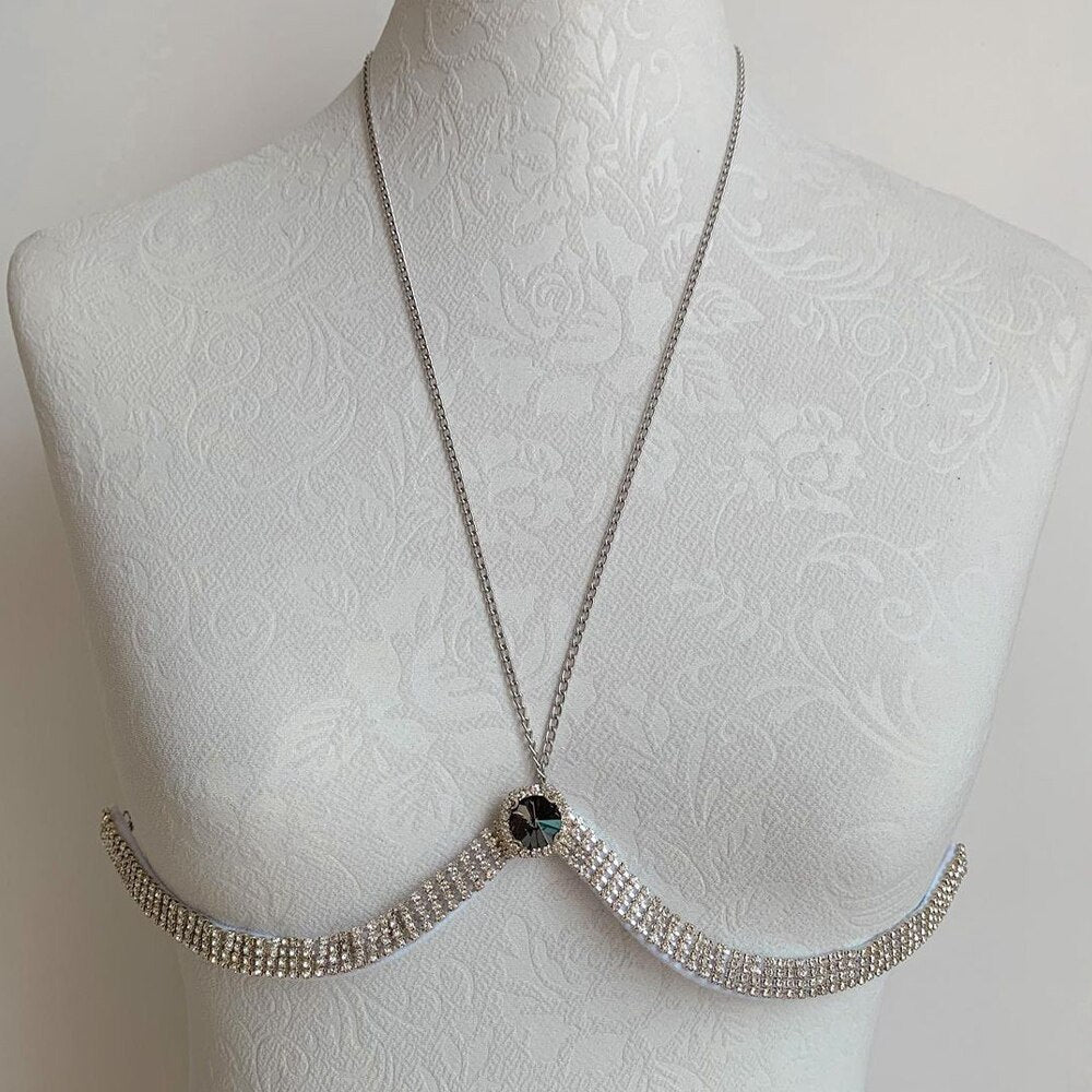 Silver Alloy Body Chain For Women With Crystal Pattern And Electroplated Finish, Featuring Rhinestones