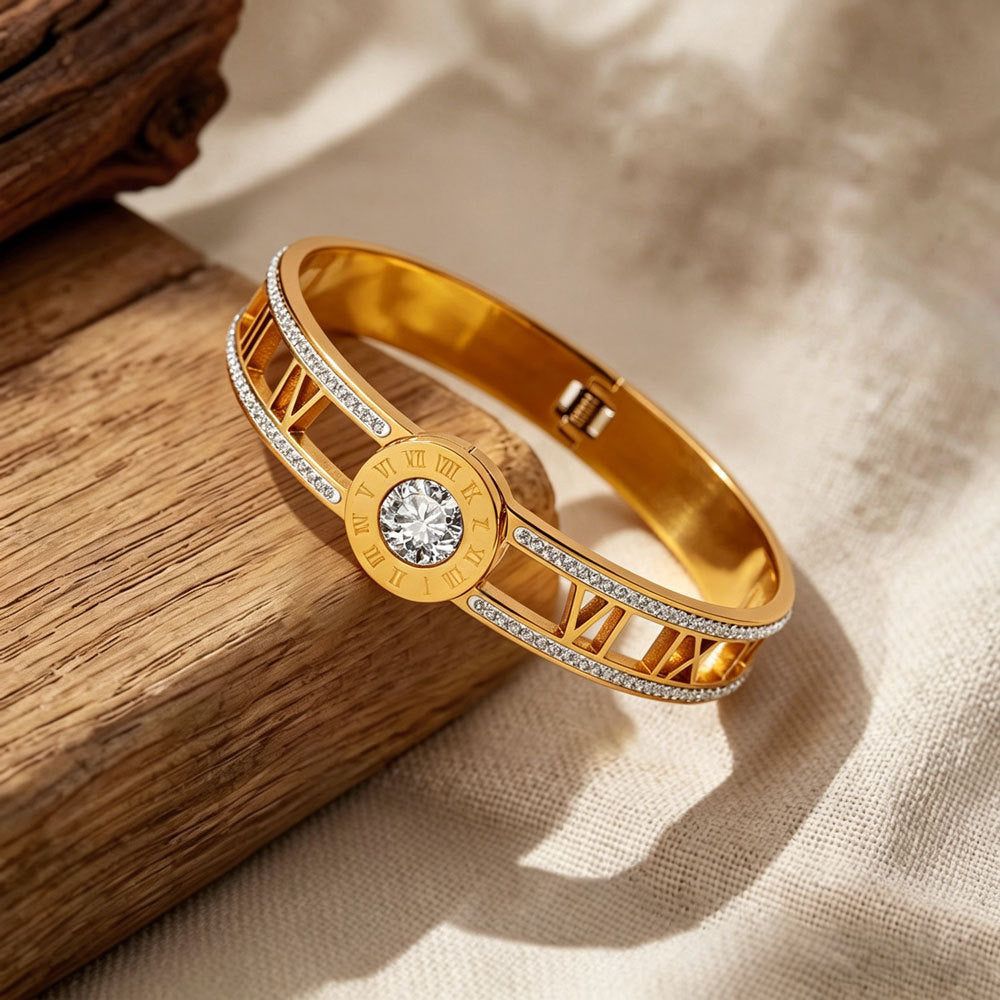 Roman Style Titanium Steel Bangle With Roman Numeral Inlay, Electroplated With 18K Real Gold And Rhinestones
