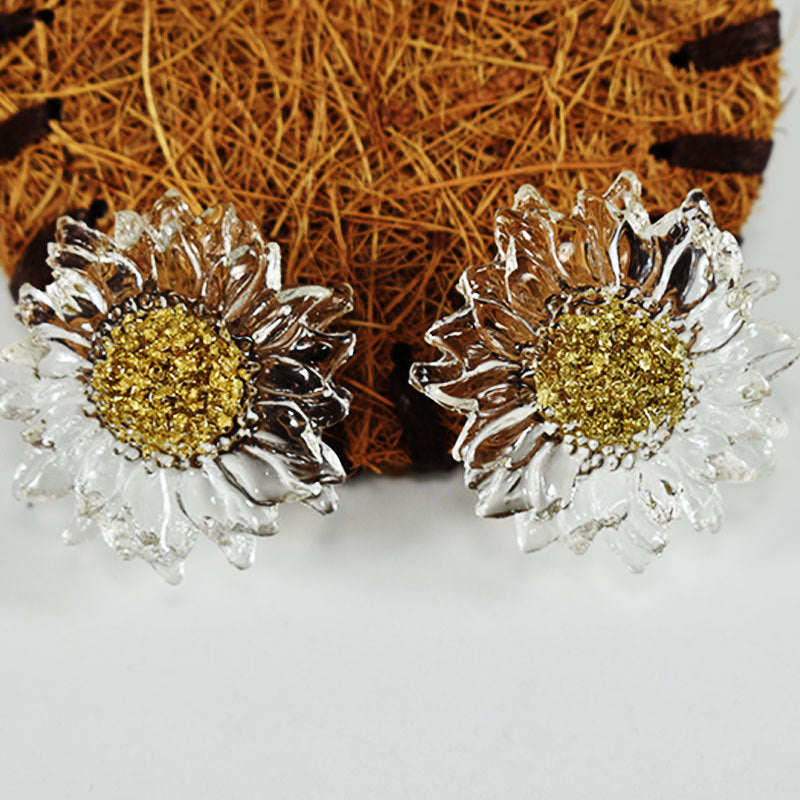 Handmade Daisy Stud Earrings In Transparent Resin With 925 Sterling Silver Posts, Sweet Style