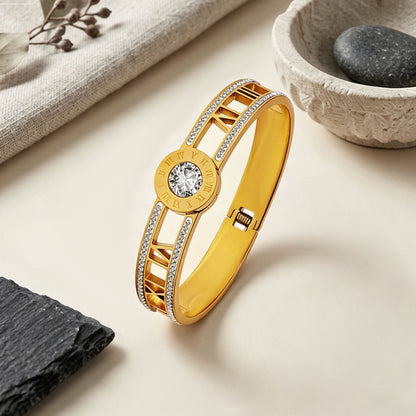 Roman Style Titanium Steel Bangle With Roman Numeral Inlay, Electroplated With 18K Real Gold And Rhinestones