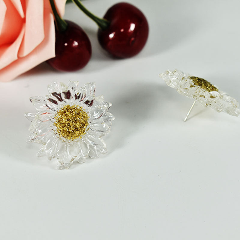 Handmade Daisy Stud Earrings In Transparent Resin With 925 Sterling Silver Posts, Sweet Style