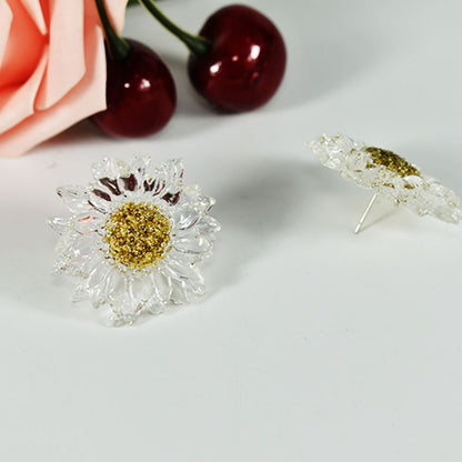 Handmade Daisy Stud Earrings In Transparent Resin With 925 Sterling Silver Posts, Sweet Style