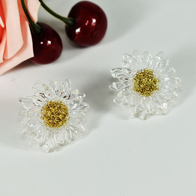Handmade Daisy Stud Earrings In Transparent Resin With 925 Sterling Silver Posts, Sweet Style