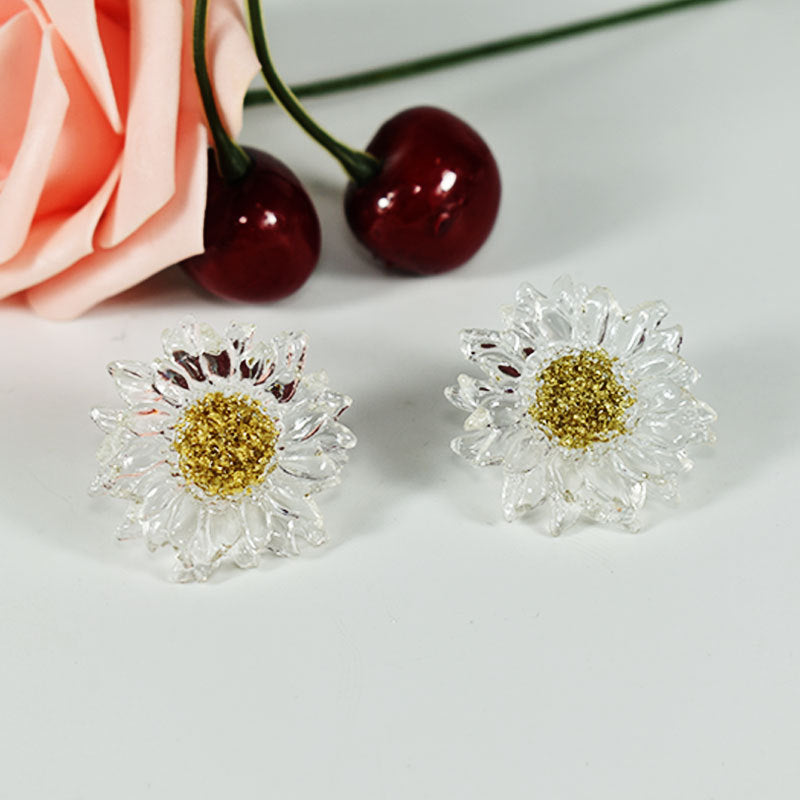 Handmade Daisy Stud Earrings In Transparent Resin With 925 Sterling Silver Posts, Sweet Style