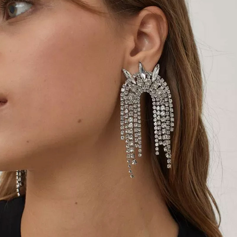 Geometric Tassel Earrings For Women In Silver Alloy With Rhinestones Featuring Electroplated Craft