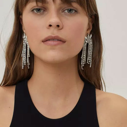 Geometric Tassel Earrings For Women In Silver Alloy With Rhinestones Featuring Electroplated Craft