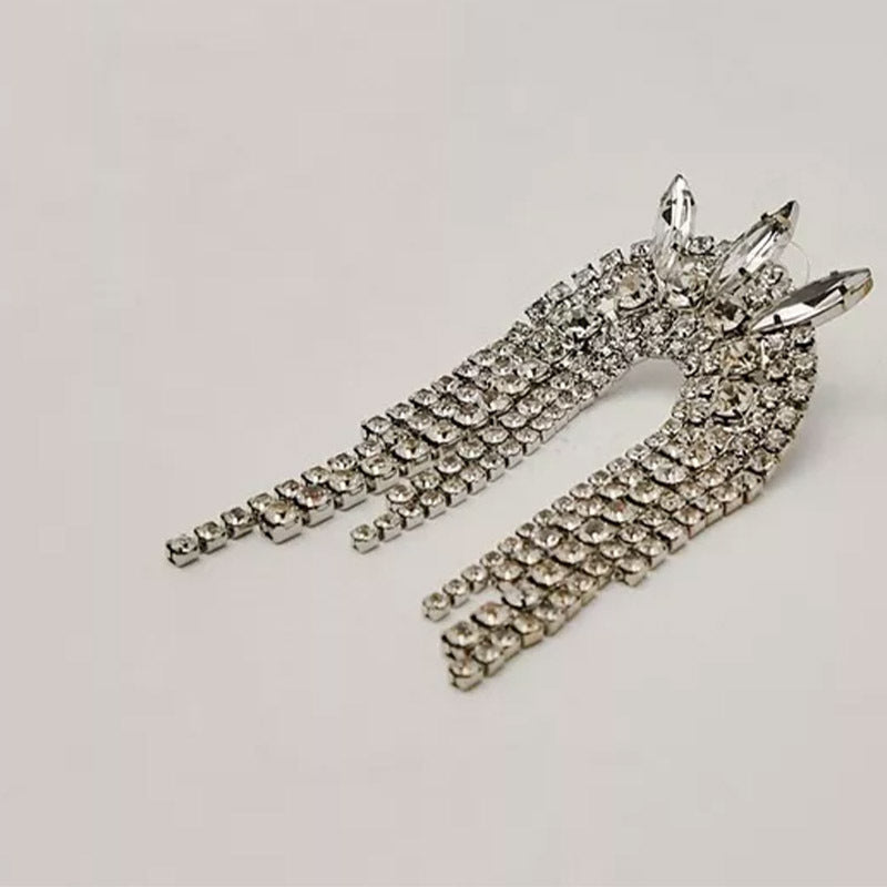 Geometric Tassel Earrings For Women In Silver Alloy With Rhinestones Featuring Electroplated Craft